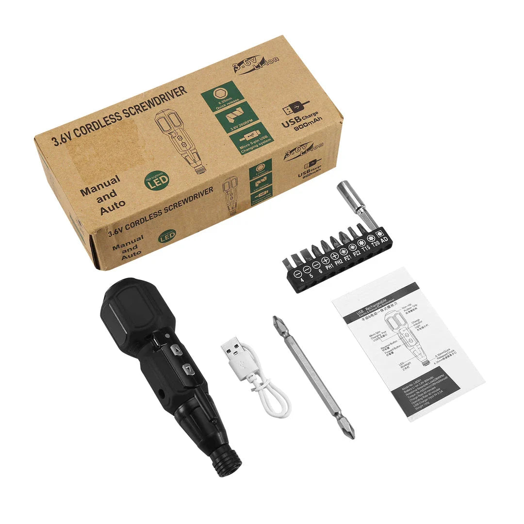 Versatile 9-in-1 cordless screwdriver set with LED lights, featuring dual electric and manual functionality, powerful torque, and a comprehensive bit selection for DIY and repair projects.