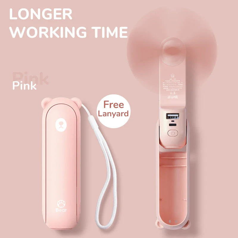 Portable Mini Handheld Fan with 4500mAh battery, 3 speed settings, power bank, and flashlight