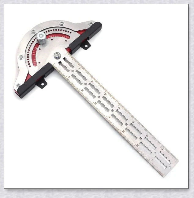 Precision Woodworkers Edge Ruler with adjustable angle, spring-loaded indexing system, and etched laser scale for accurate measurements in woodworking projects.