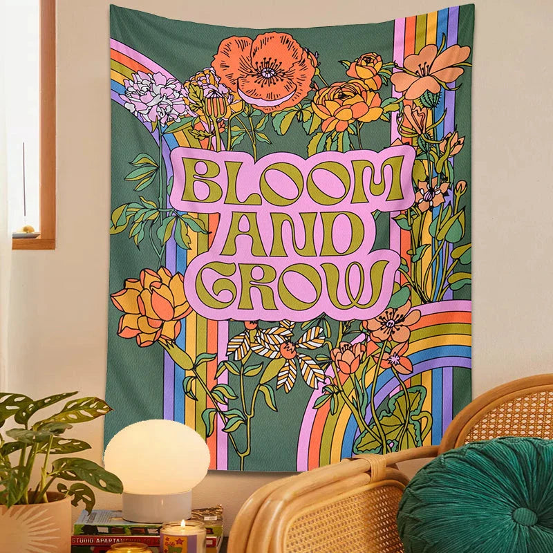 Vibrant 70s retro flower tapestry wall hanging with captivating floral design and rich, colourful pattern