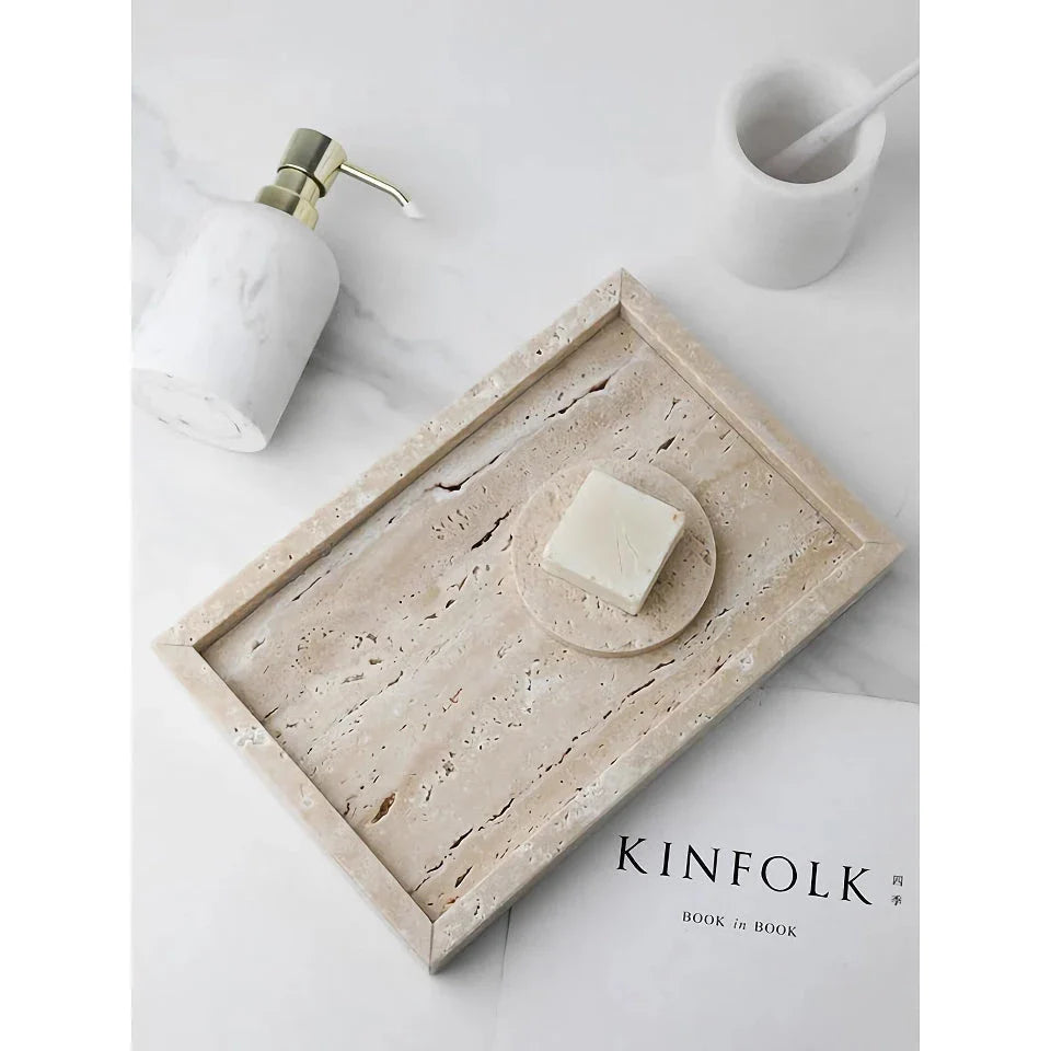 Handcrafted beige travertine marble tray with polished finish, versatile for use in vanity, kitchen, and around the home