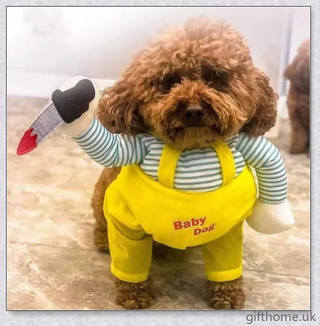 A pet dog wearing an adorable Halloween costume with a swinging arm accessory, designed for comfort and style.
