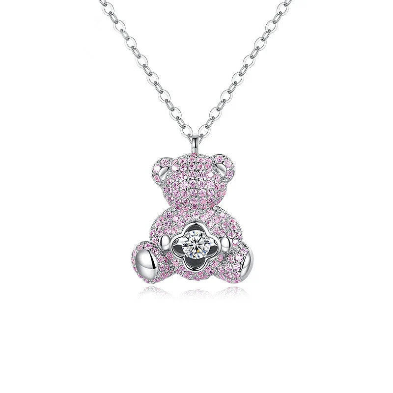Clavicle chain necklace with a charming bear pendant and sparkling zircon stones, made from high-quality 925 sterling silver