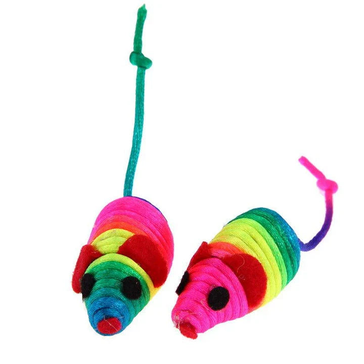 Colourful toy mouse set with 5 plush mice in various bright colours for cat playtime