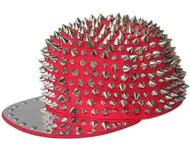 Punk-inspired street hat with pointed metal rivets in various colour combinations, featuring an adjustable and breathable design for versatile wear