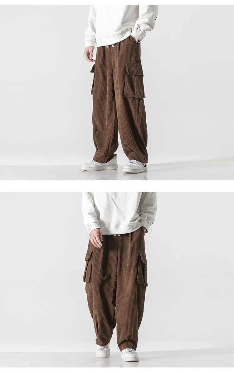 Stylish men's corduroy casual trousers with a relaxed wide-leg silhouette and a variety of classic colour options