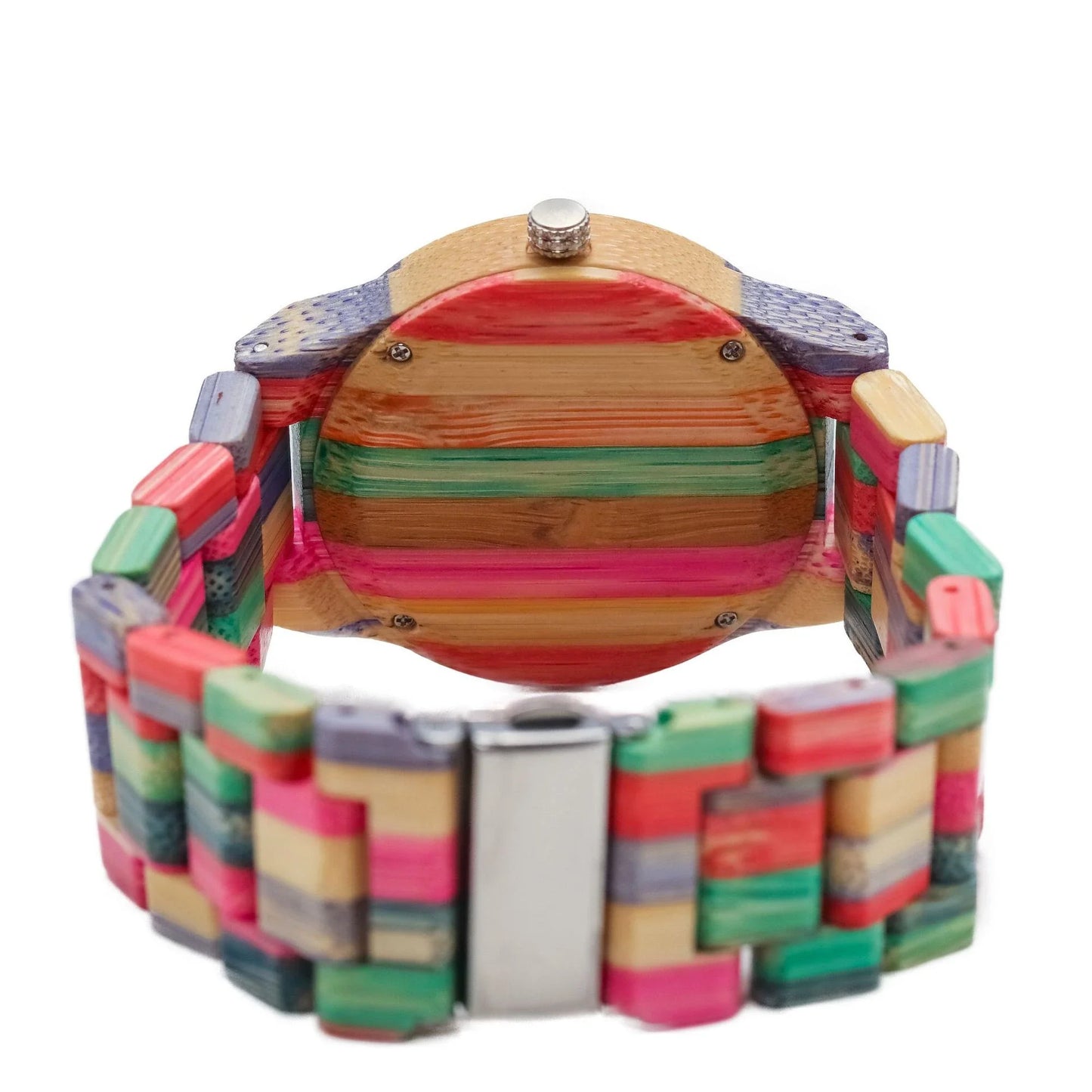 Stylish quartz watch with bamboo wood case and strap in a vibrant colourway