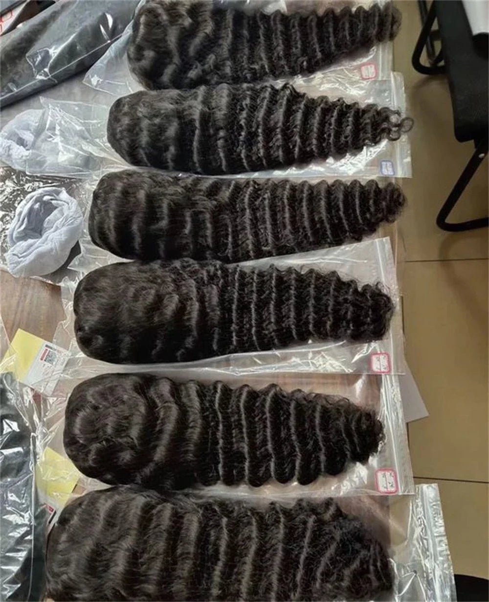 Luxurious deep wavy human hair wig with natural lace construction, available in various lengths for a customized, elegant look.