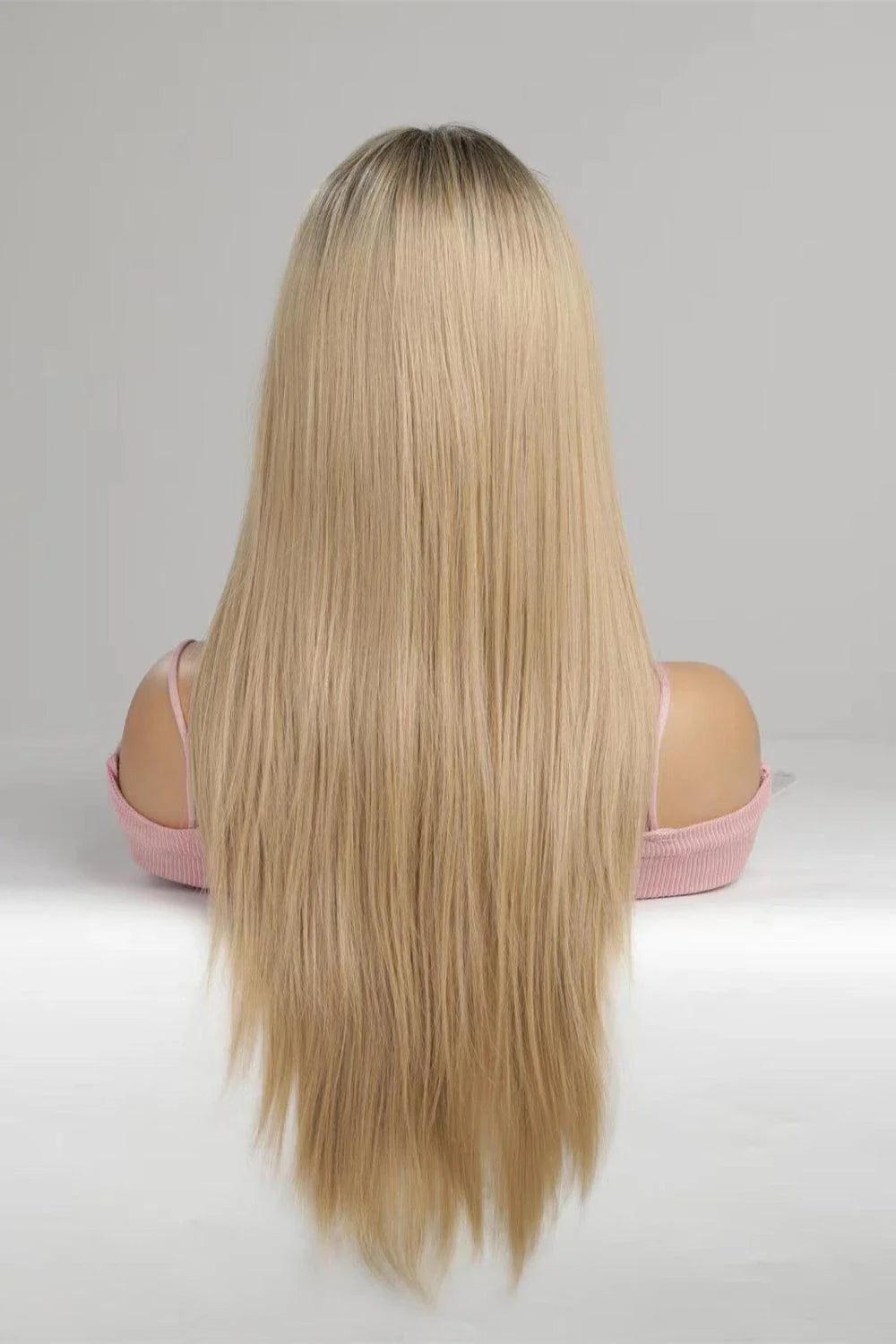Stunning 24-inch synthetic lace front wig with 150% density, featuring a sleek straight hairstyle in a glamorous gold colour