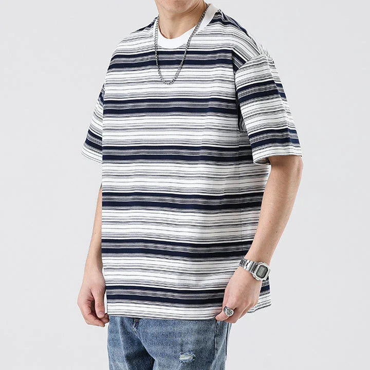 Retro contrast color striped teen t-shirt in navy blue, perfect for casual summer looks