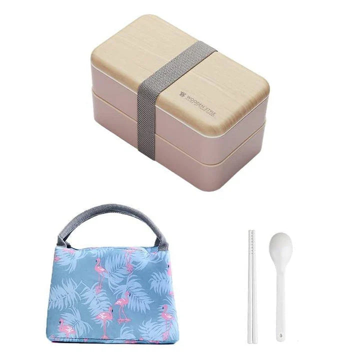 Premium BPA-free double-layer lunch box with stainless steel spoon and chopsticks, perfect for office, picnics, and on-the-go dining