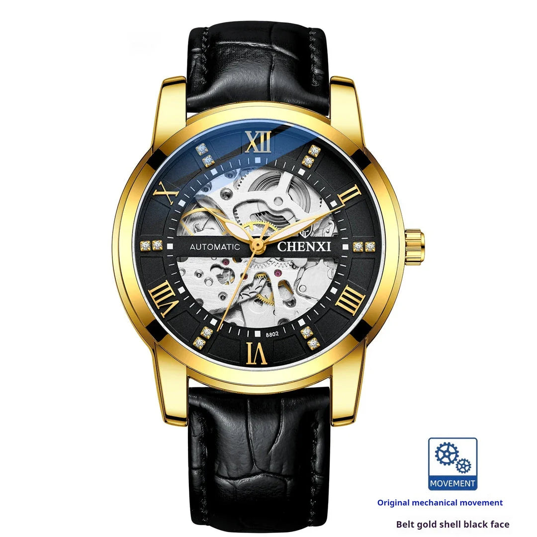Premium automatic mechanical watch with a waterproof leather strap, featuring a sophisticated and versatile design.