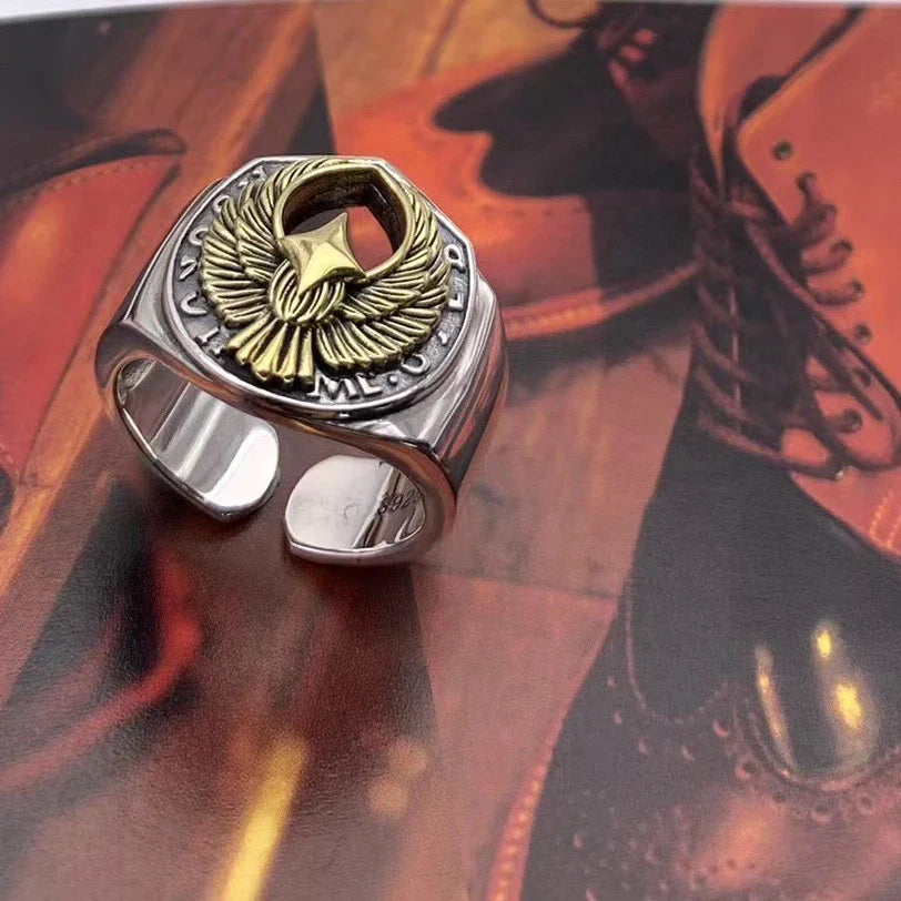 Timeless British Gentleman's Retro Silver Ring with Adjustable Fit and Intricate Auspicious Patterns