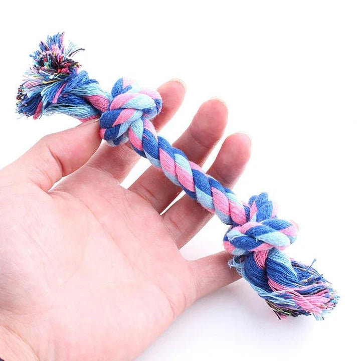 Robust cotton bone-shaped braided toy for dogs, designed to withstand chewing and promote dental health