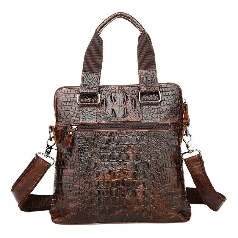 Premium brown leather commuting briefcase with vintage-inspired shoulder strap and textured leather button detailing