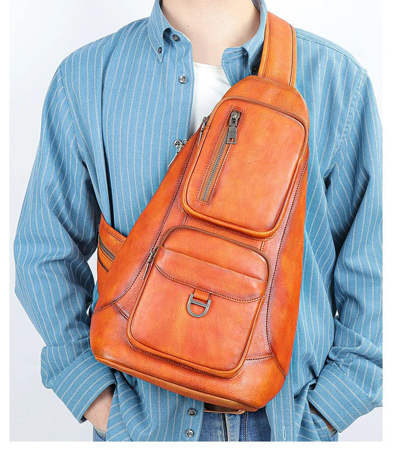 Premium first-layer cowhide chest bag with stylish skeleton skin detailing, suitable for men's everyday use and travel