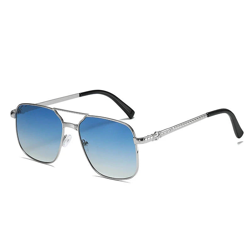 Trendy metal square frame sunglasses with vibrant yellow lenses and red gradient for a bold, modern look