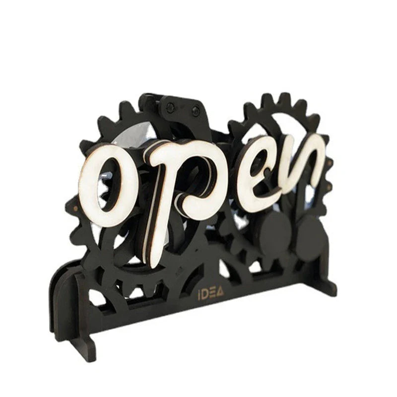 Wooden open-closed sign with gear mechanism, perfect for home entryways and businesses