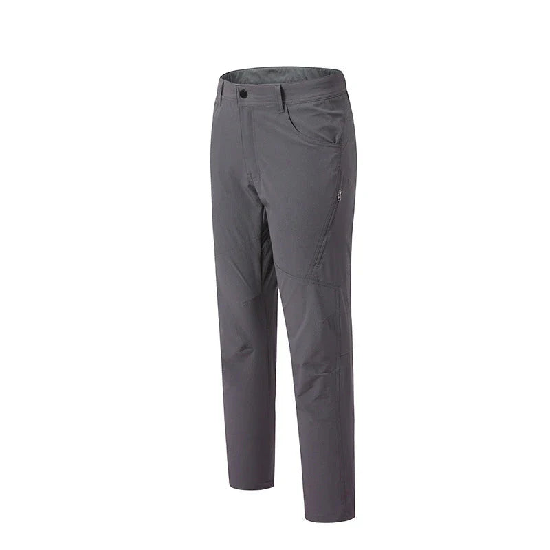 Weatherproof outdoor trousers for men in black, gray, and green colours with adjustable waistband and reinforced panels