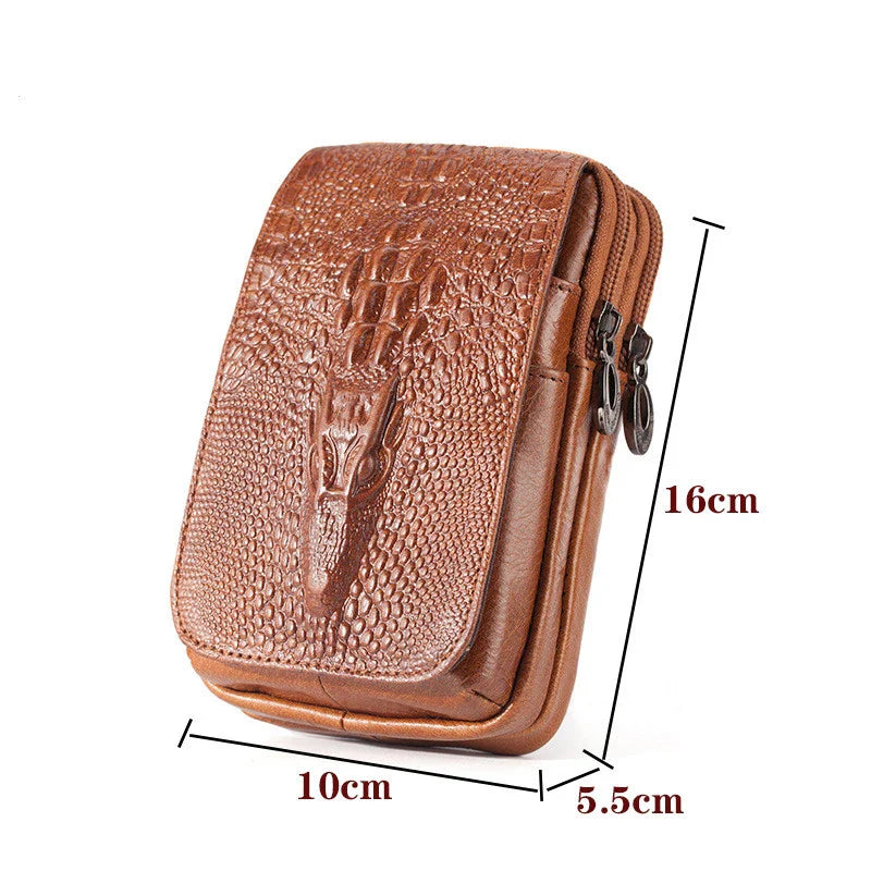 Premium cowhide leather men's mobile phone pouch in vertical design with multiple interior compartments