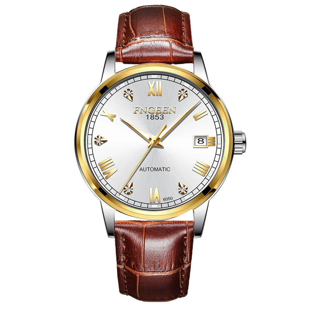 Premium automatic mechanical watch with leather strap, featuring a stainless steel case, luminous hands and markers, and a stylish British-inspired design