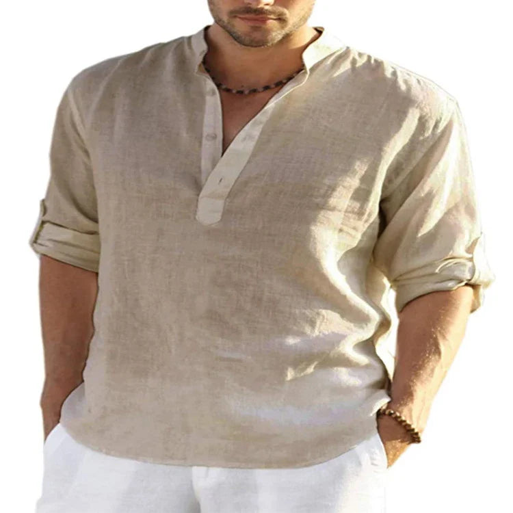 Men's casual long-sleeve cotton linen shirt with stand collar, available in a variety of colours