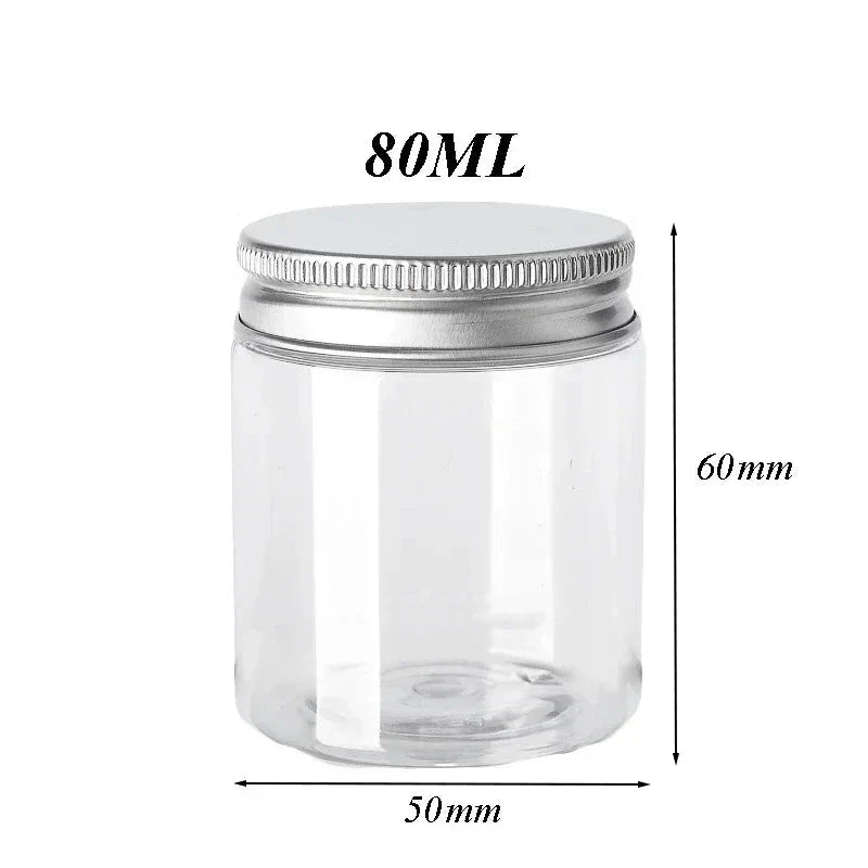Premium 10-piece set of clear plastic storage jars with aluminium lids for organising cosmetics, food, and household items