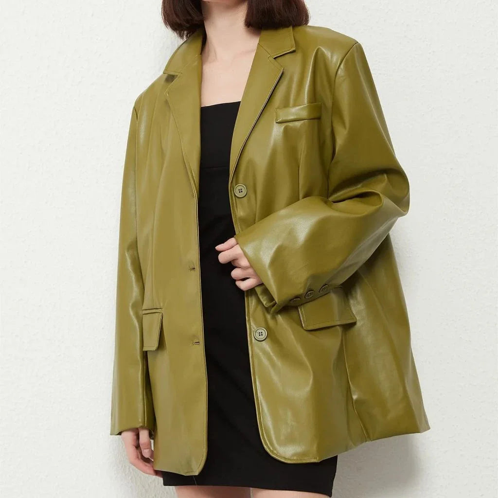A premium vintage green single-breasted leather blazer coat, featuring a turn-down collar, regular sleeves, and a comfortable, durable polyester construction.