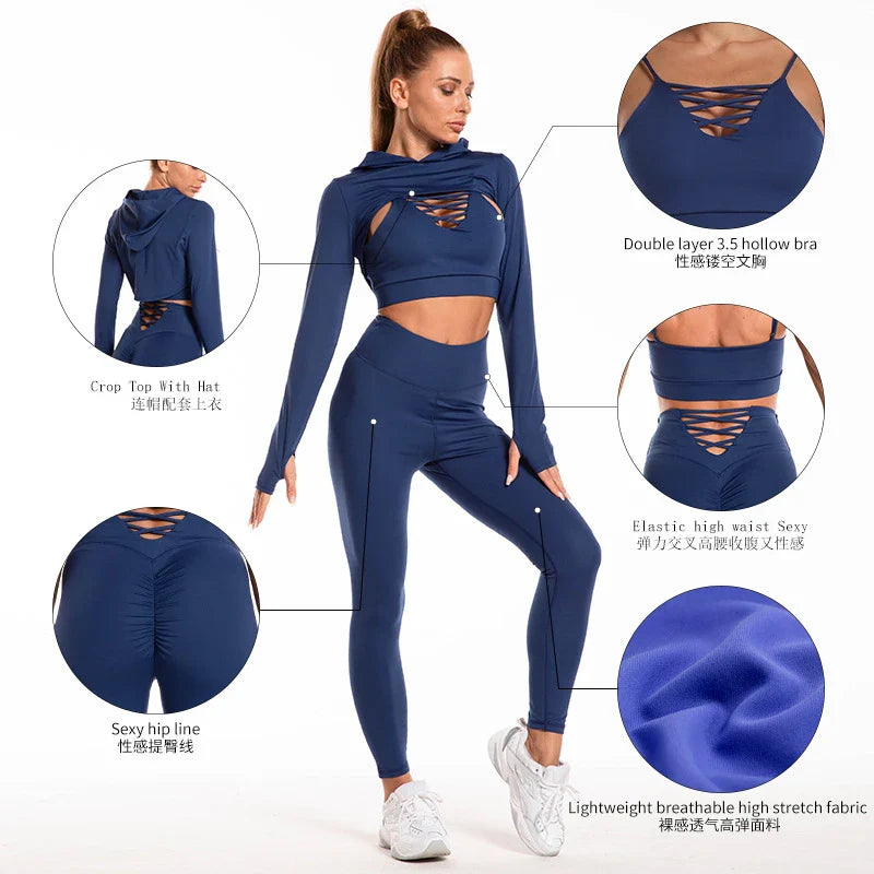 A 3-piece sports set including a hooded top, sports bra, and high-waisted leggings in a black colour scheme.