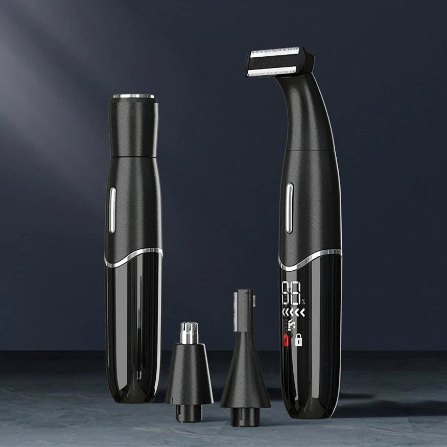 4-in-1 Rechargeable Electric Shaver for Men and Women, featuring premium materials, efficient hair removal, and smart charging capabilities