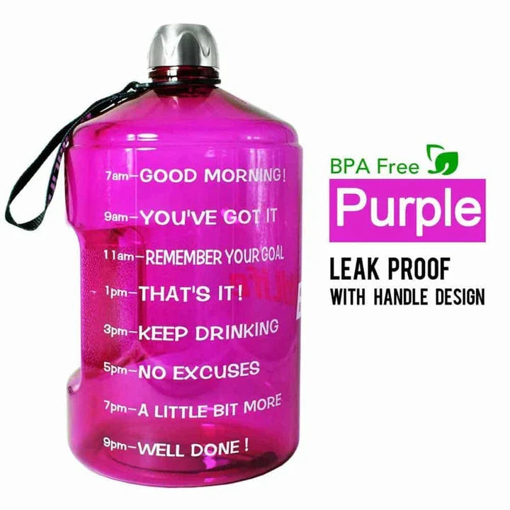 Premium customized gallon water bottle with time tracker markings, available in multiple vibrant colours