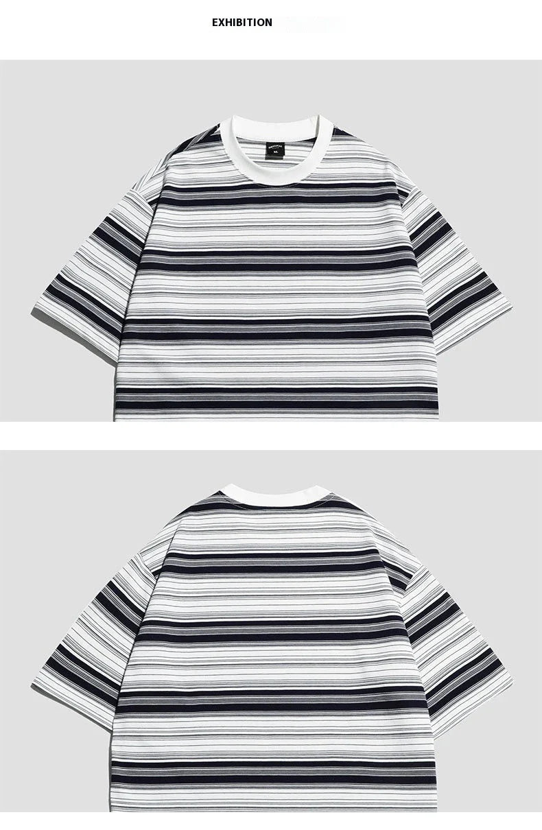 Retro contrast color striped teen t-shirt in navy blue, perfect for casual summer looks