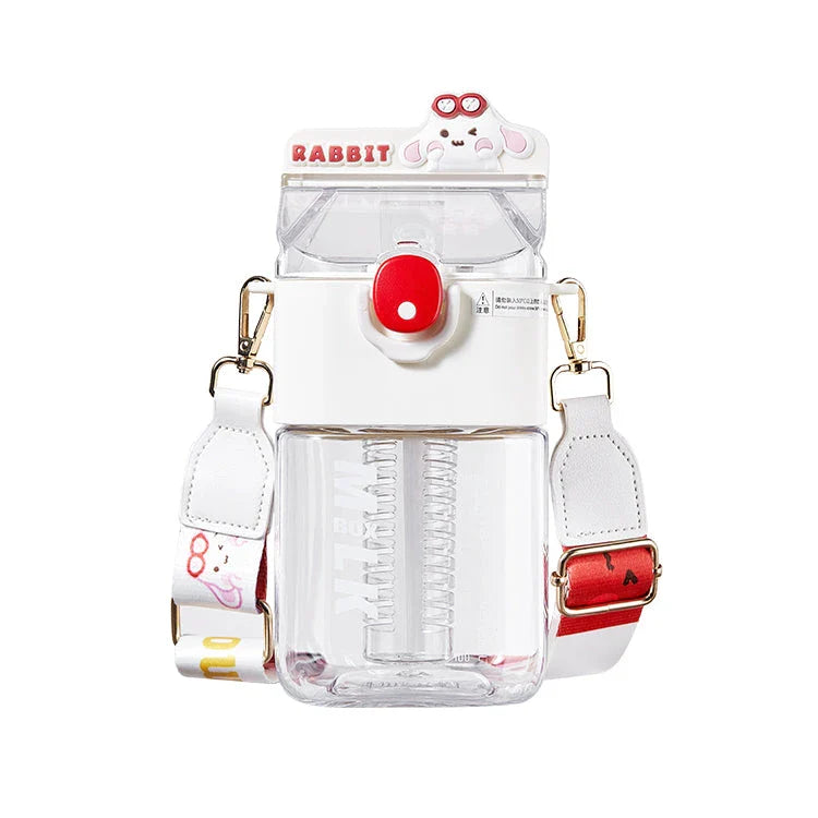 Charming cartoon-themed reusable plastic cup with straw and tea infuser, perfect for daily hydration and on-the-go use