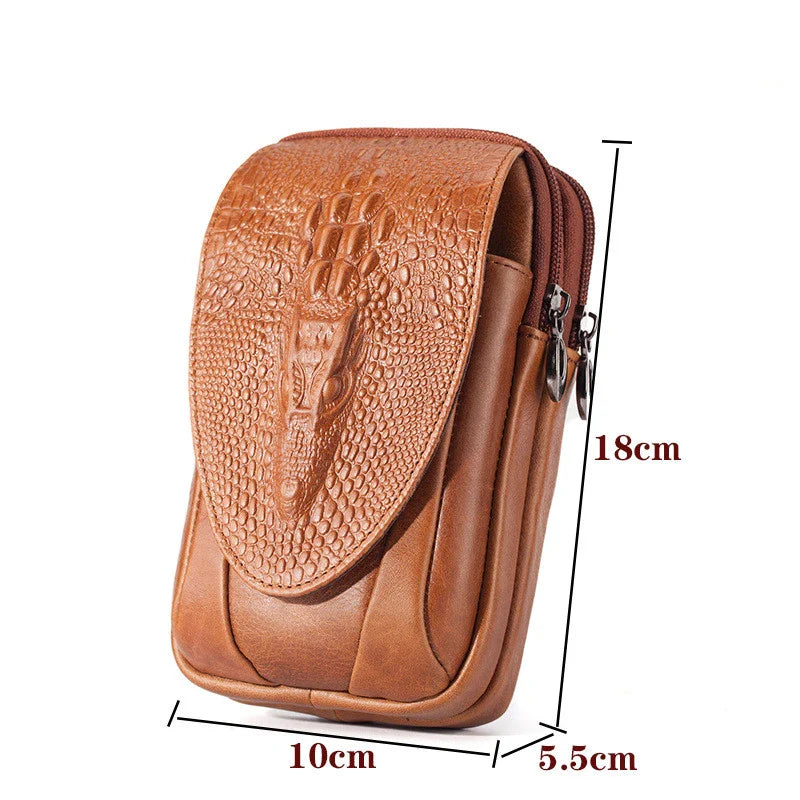 Premium cowhide leather men's mobile phone pouch in vertical design with multiple interior compartments