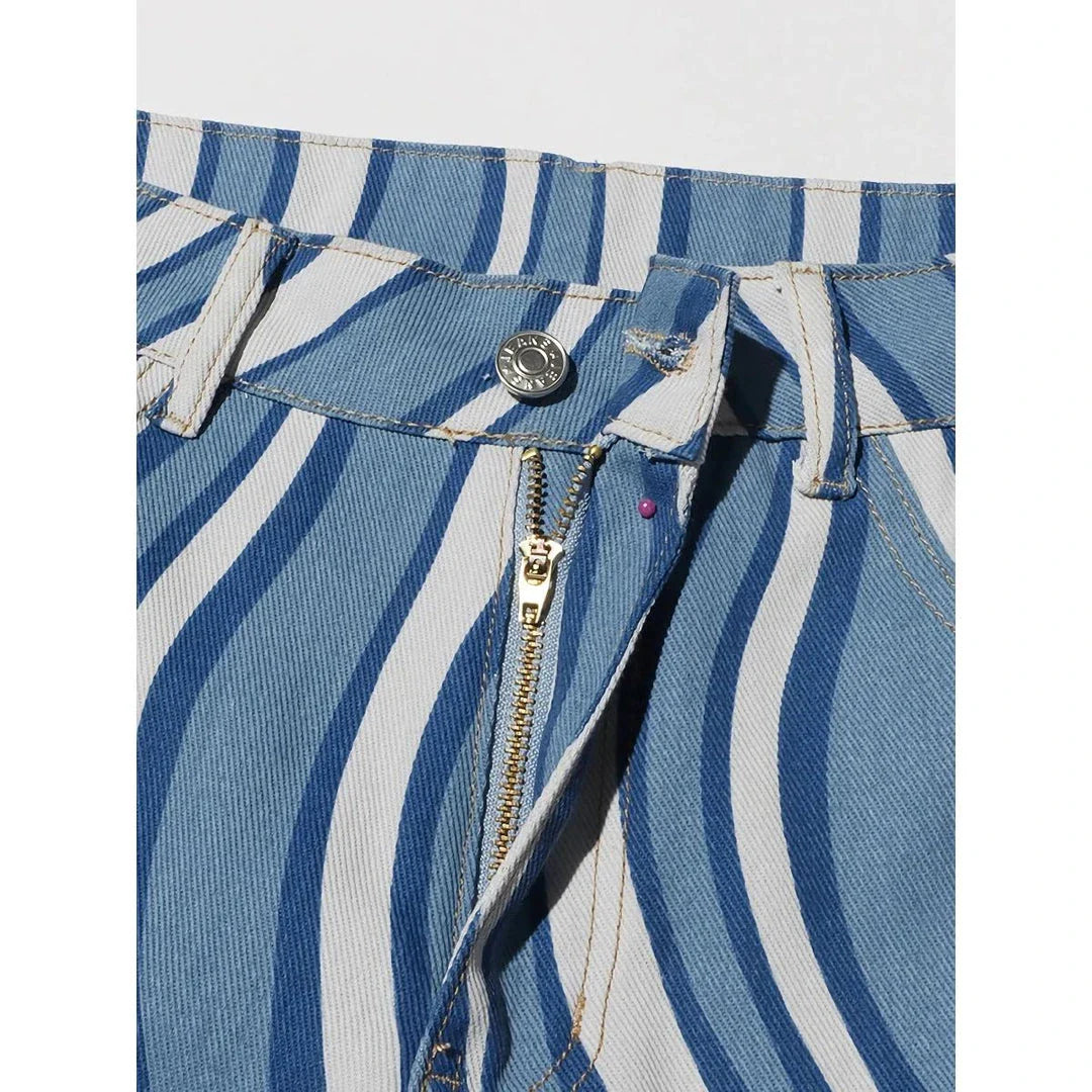 Women's high-waist striped denim trousers in a stylish blue colour, featuring a unique pattern and functional design for everyday wear.