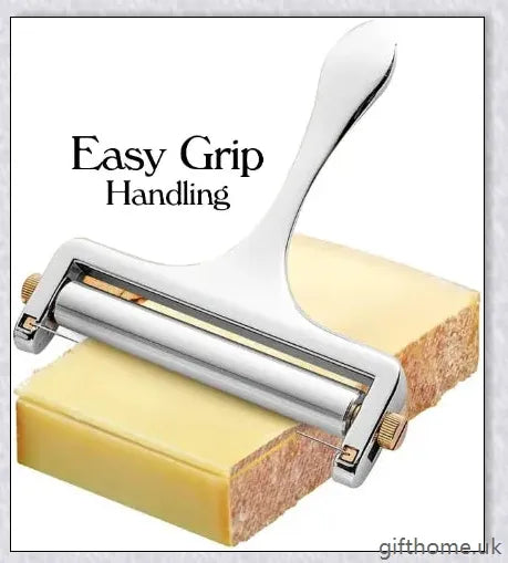 Adjustable cheese slicer with an ergonomic handle and a wire cutting mechanism for precisely slicing hard and soft cheeses to your desired thickness