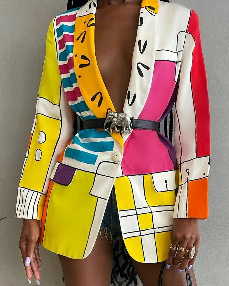 Women's Stylish Printed Shawl-Collar Single-Breasted Blazer with Belt in various colours