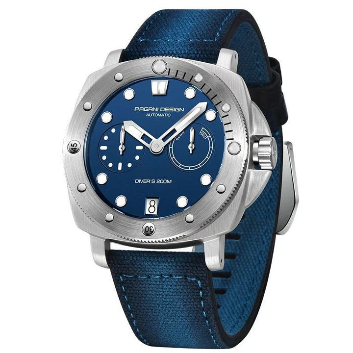 Sophisticated waterproof automatic mechanical watch with stainless steel case and textile strap, available in black, grey, green, and blue colour options