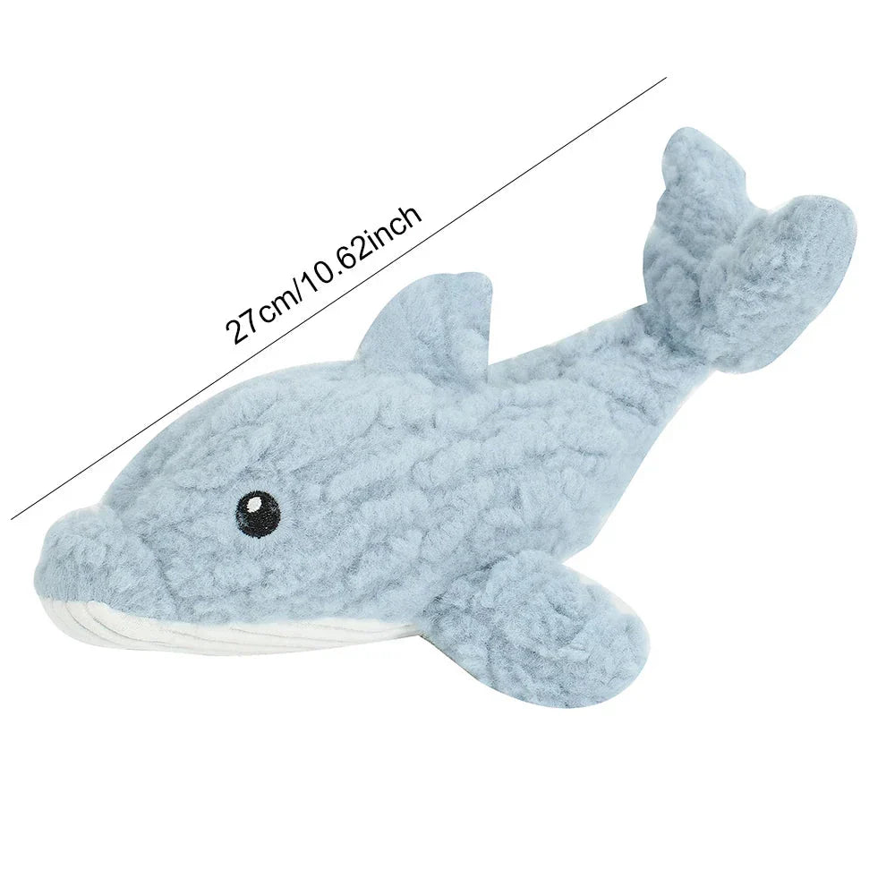 Plush crocodile-shaped squeaky dog toy made of durable, bite-resistant fleece material