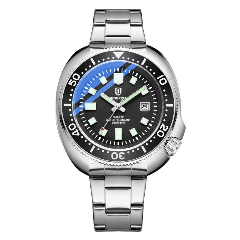 Trendha Quartz Watch with Stainless Steel Strap and Luminous Dial in Black and Blue Colours