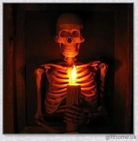 Premium 3D life-size haunted house skeleton decoration with elegant candle holders, creating a mesmerising, ethereal Halloween ambiance