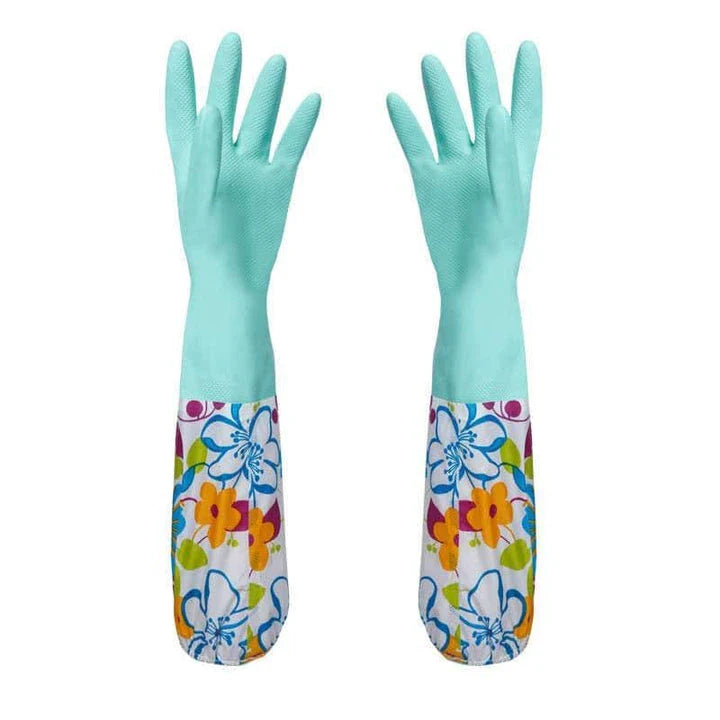 Floral printed rubber kitchen gloves with long length for comprehensive hand and forearm protection