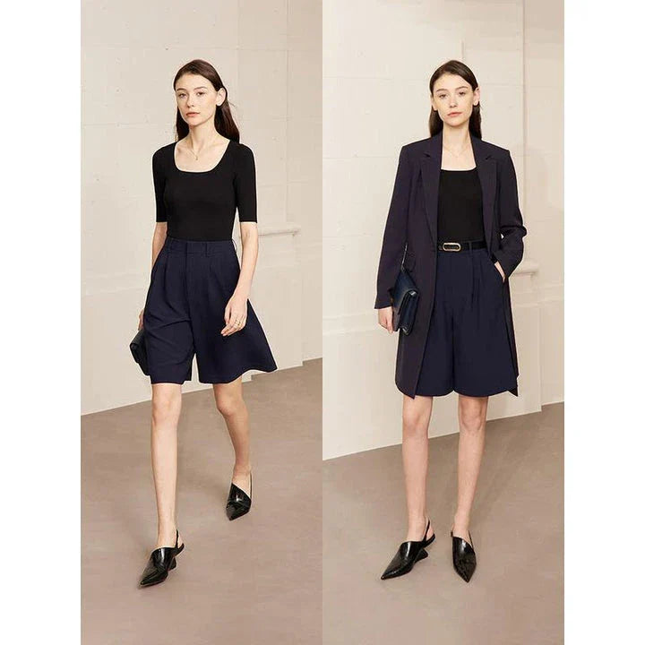 Elegant wide-leg shirred shorts for women, featuring a refined design and comfortable fit for the British summer
