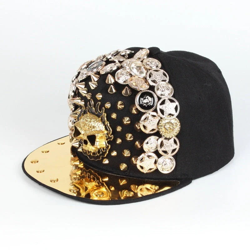 A black baseball cap with a striking skull and leopard print design, featuring adjustable snapback closure for a customized fit.
