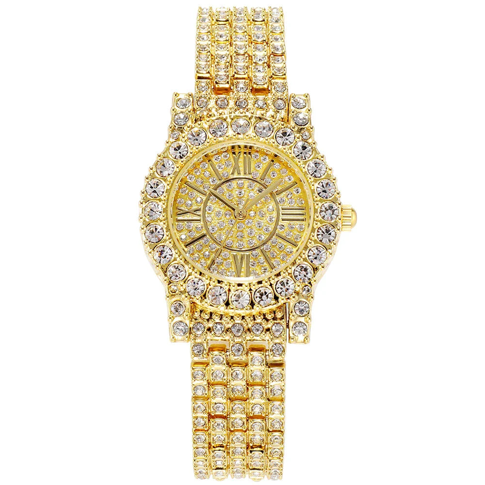 Elegant rhinestone-encrusted waterproof quartz watch with a sleek, round dial in gold, silver, or middle gold finishes