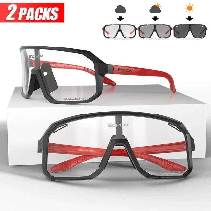 Pair of black photochromic cycling sunglasses with adjustable fit and UV400 protection