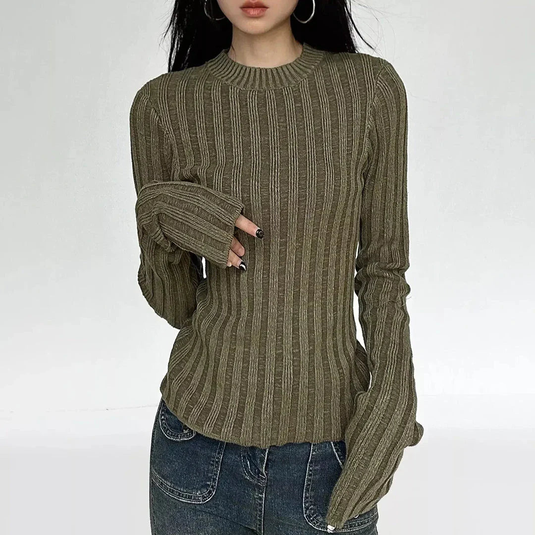 Women's Stylish Round Neck Long Sleeve Slim Fit Knitted Jumper in Green