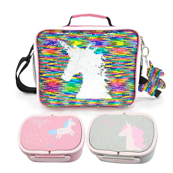 Cartoon unicorn-patterned lunch boxes with insulated lining and cutlery set, perfect for British professionals and families