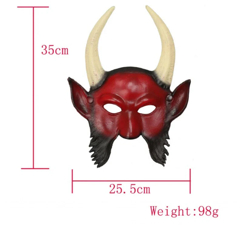 A chilling Halloween mask with long, twisted horns and a fearsome, ghostly expression, crafted from premium acrylic materials.