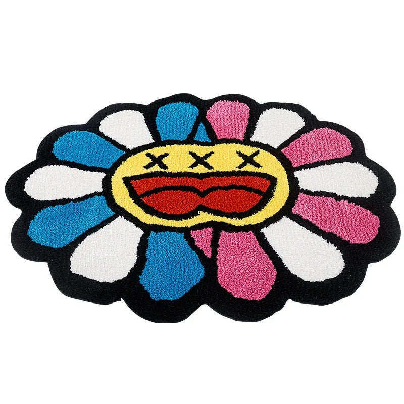 Cheerful smiling face tufted carpet in pink and blue colours, a plush and comfortable home decor item